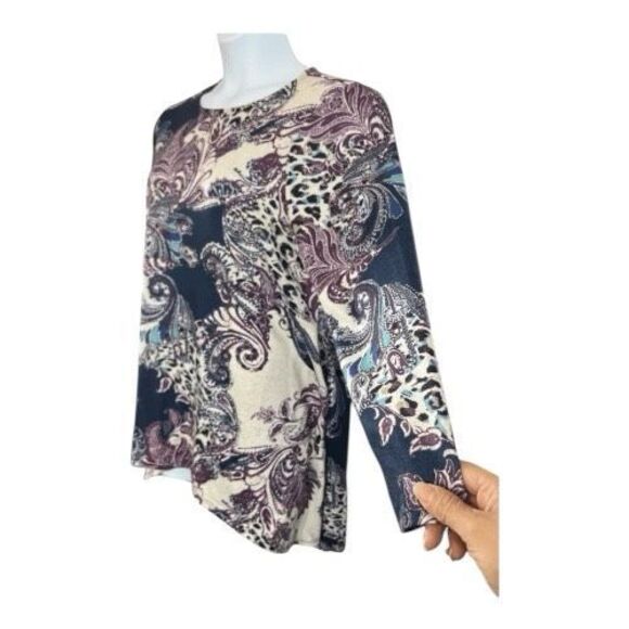 Chico’s Long Sleeve Top Tunic Size 2 (Large) Purple Paisley Print Side Pockets - Picture 3 of 12